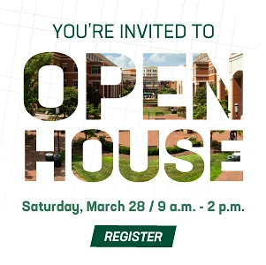 An invitation to an open house event scheduled for Saturday, March 28 from 9 a.m. to 2 p.m. with a register button.